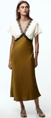 ZARA Satin Lace Midi Dress V Neck Classic Cream Green Elegant Women's S